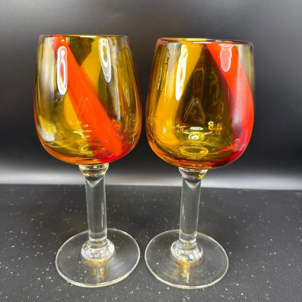 Pier 1 Hand Blown Art Glass Cups Glasses Set of 2 Amber Red Yellow Swirl Stripe
